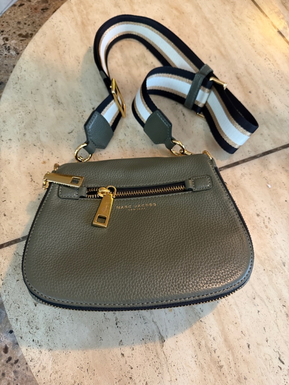 Marc Jacobs Olive Pebbled Leather Crossbody with Striped Strap and Gold Hardware